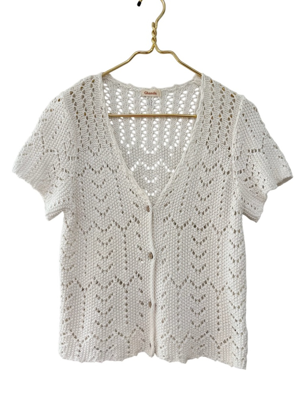 Ghanda Open Knit Cotton Cardigan Short Sleeve Button Front M